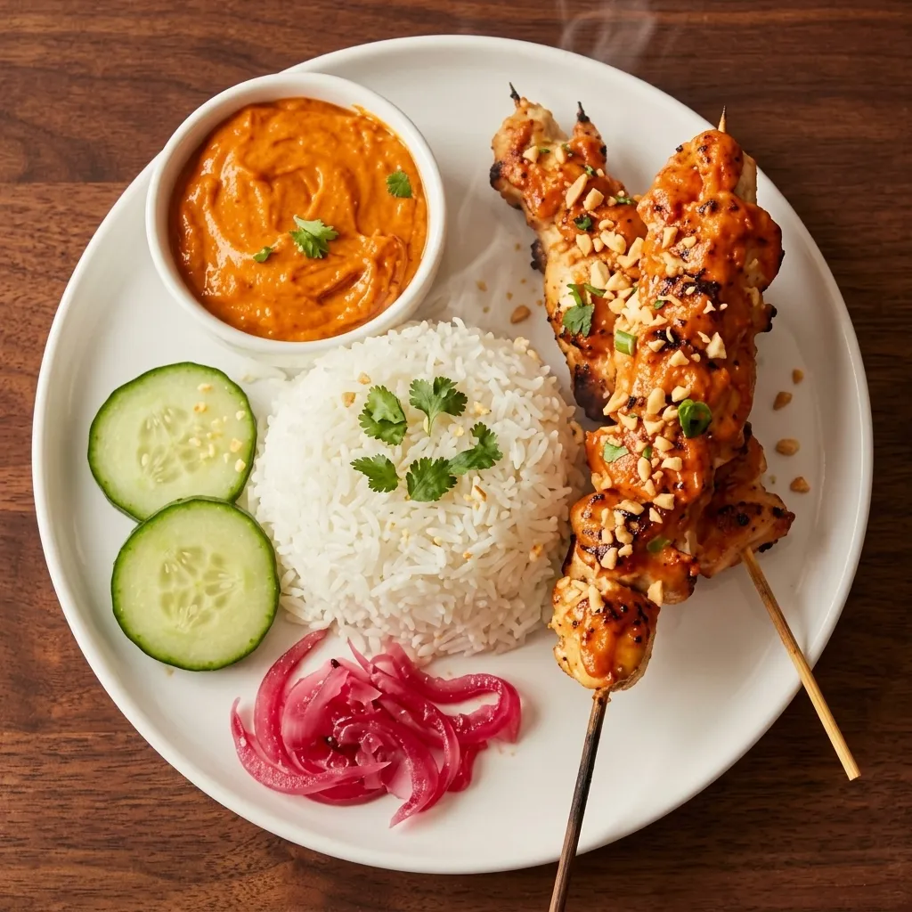 Chicken Satay with rice at Bun's House Restaurant in Saskatoon, SK